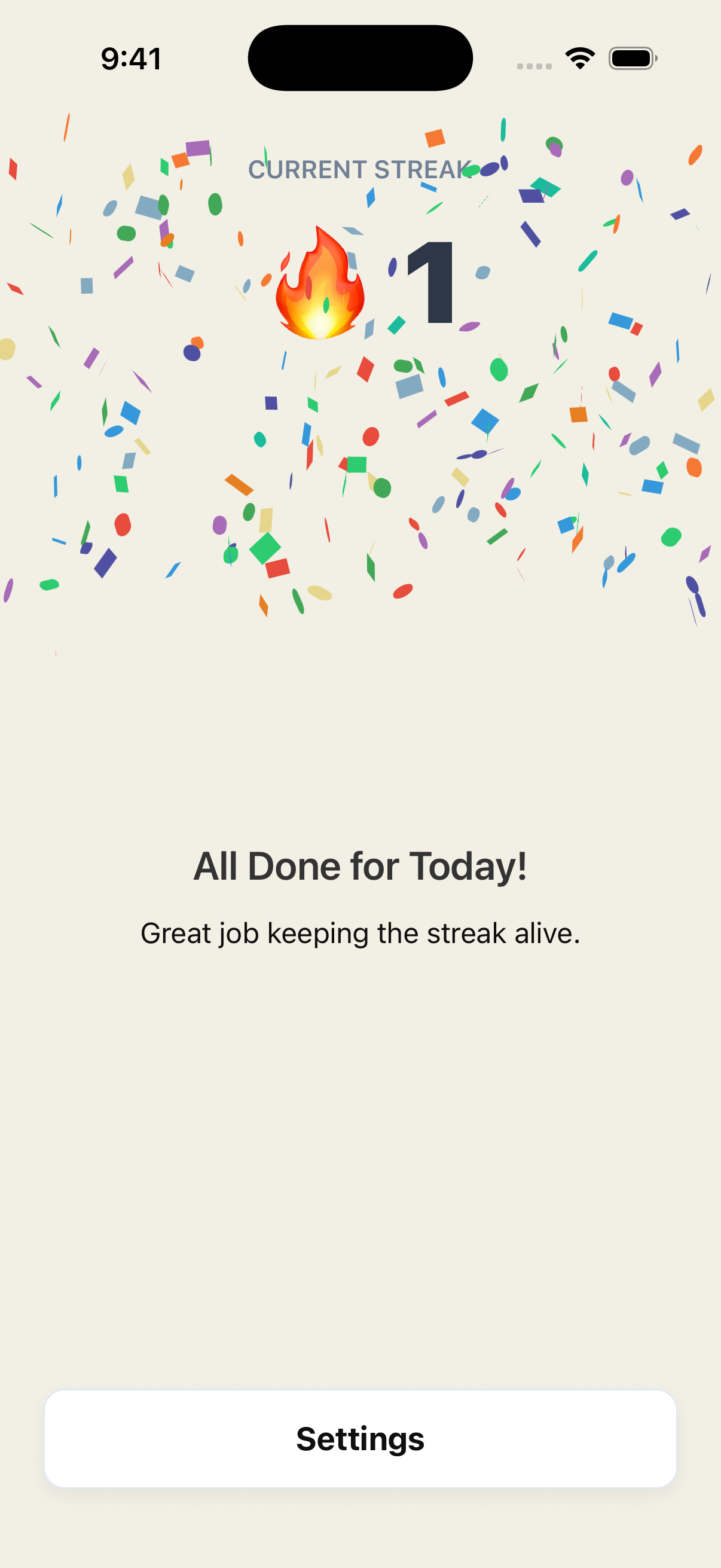 CleanStreak streak screen celebrating a completed day