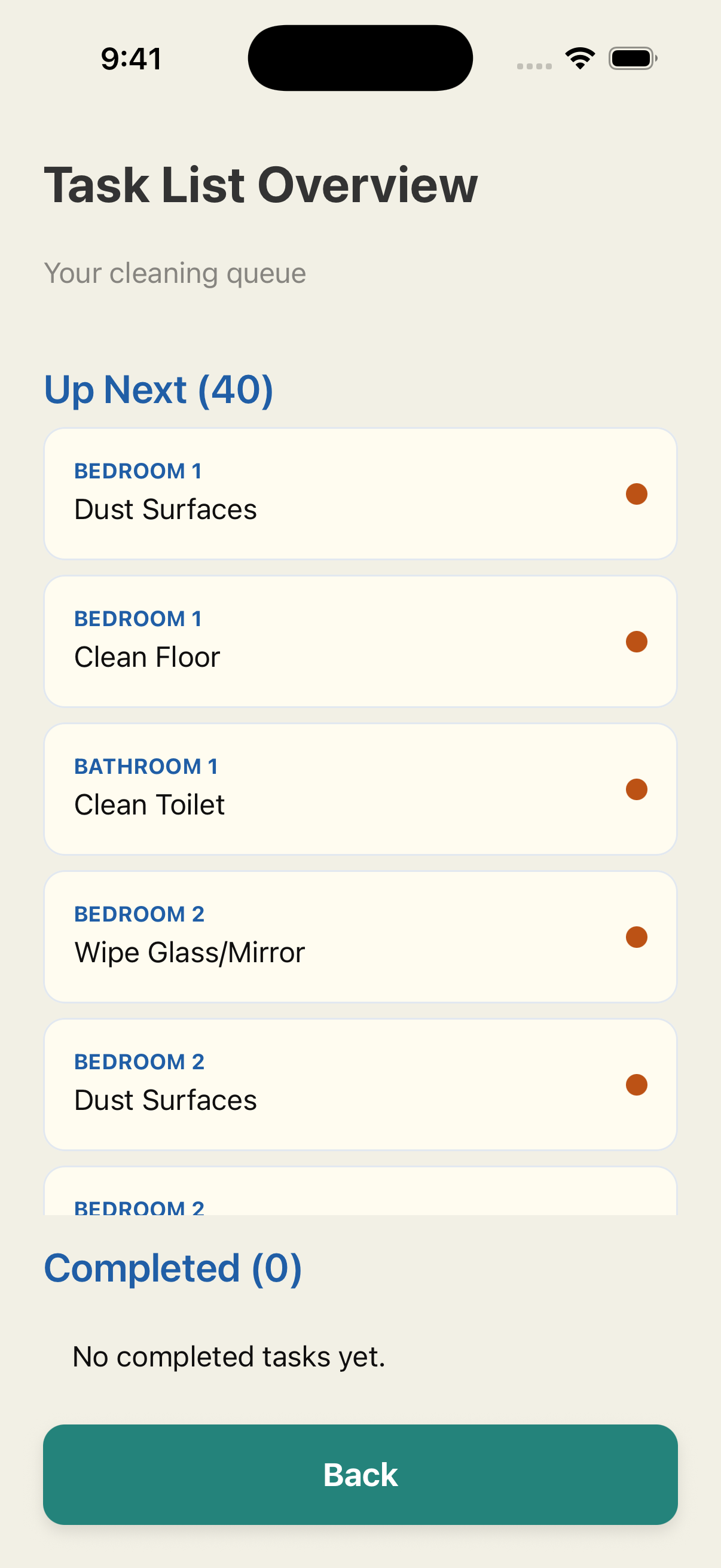CleanStreak task list showing the day's cleaning queue