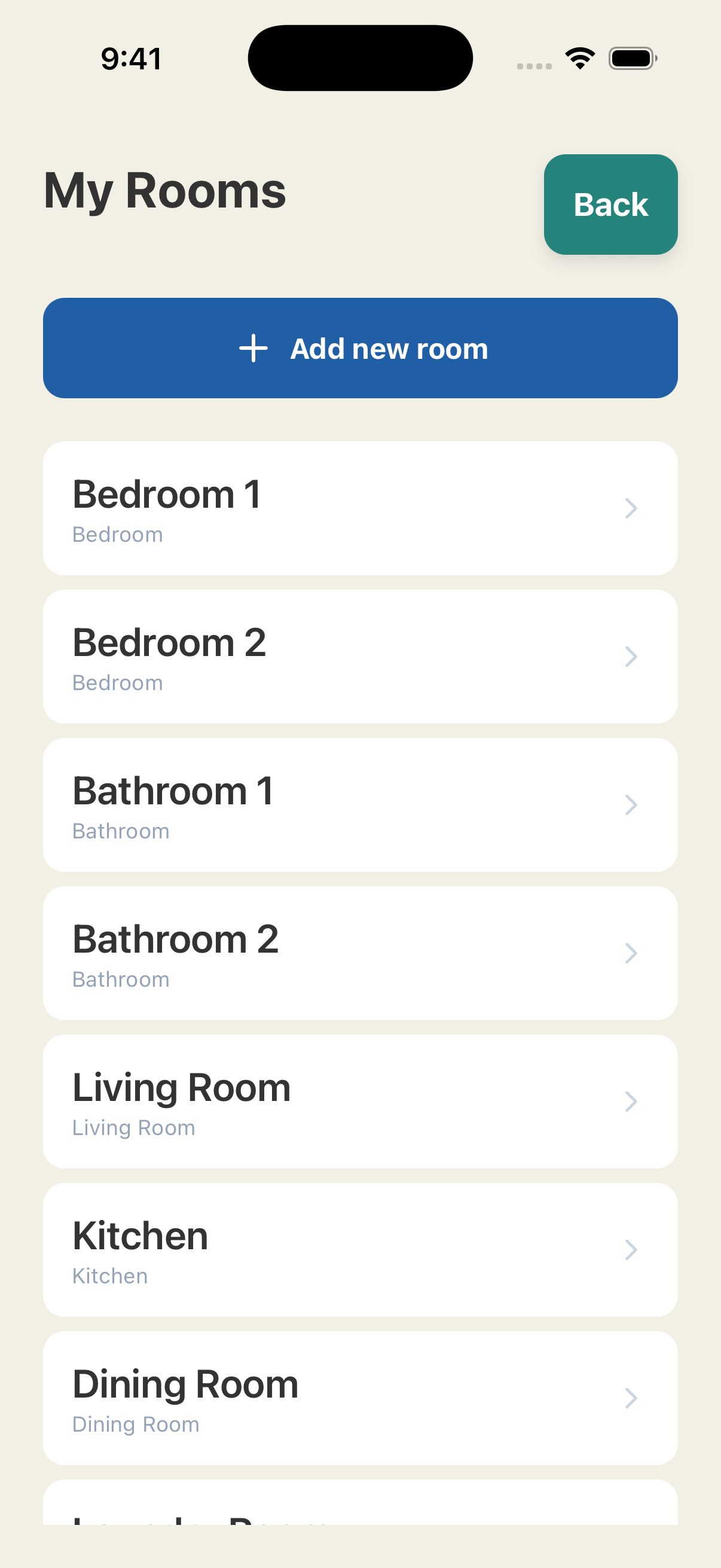 CleanStreak My Rooms screen listing the rooms in your home