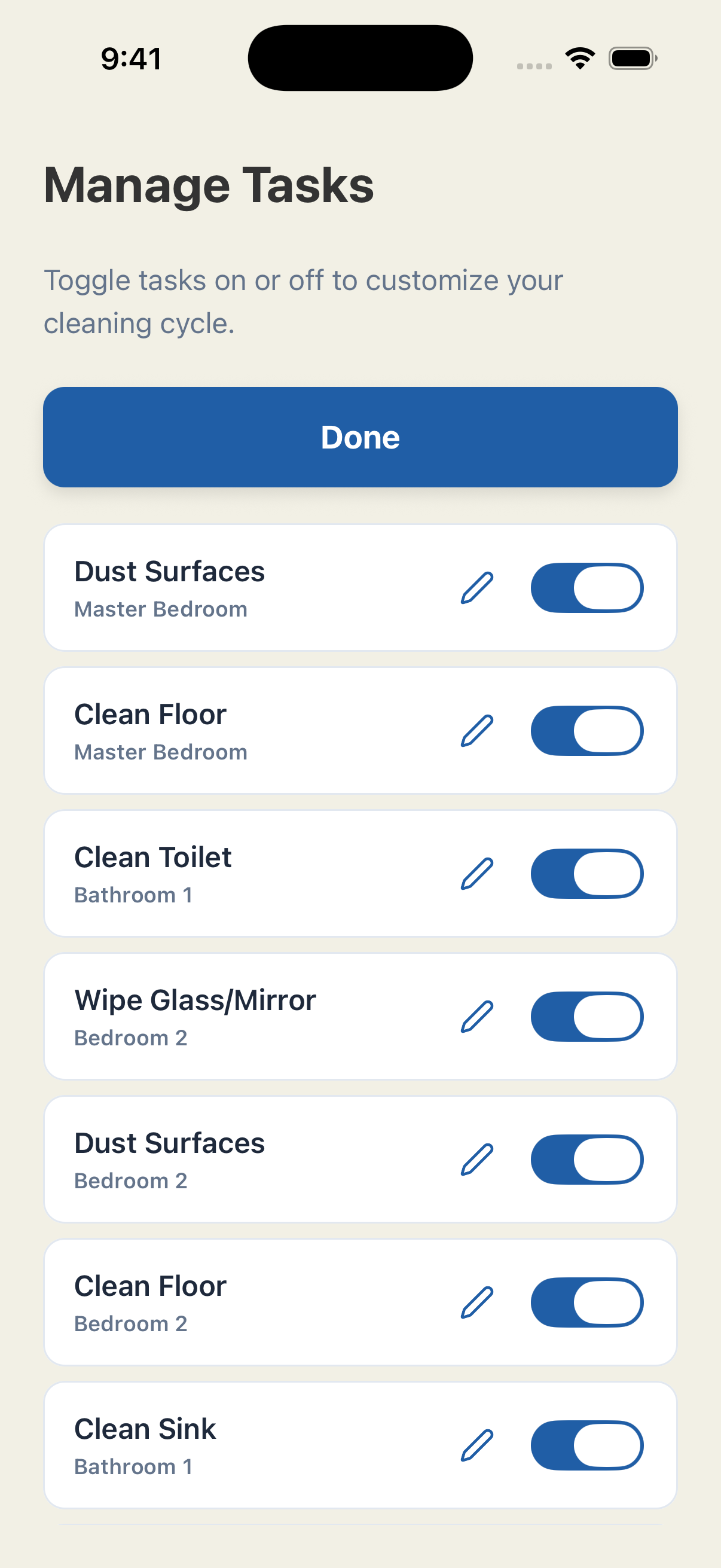 CleanStreak Manage Tasks screen with per-room task toggles